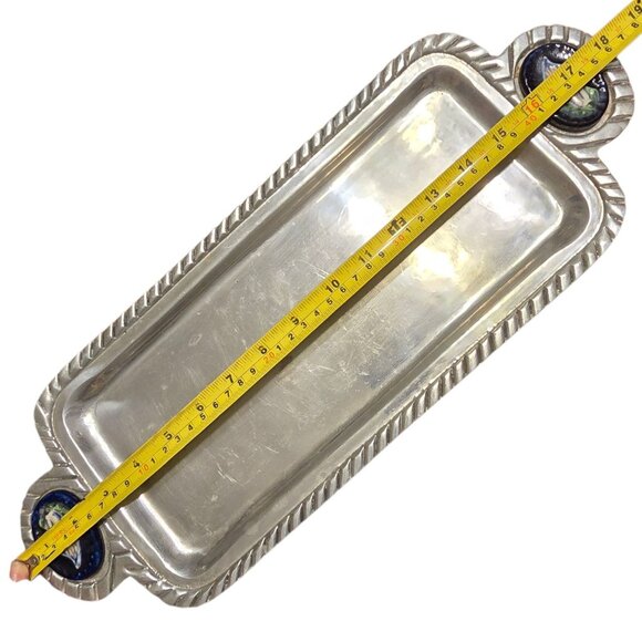 Vintage Mexican Pewter Bread Serving Tray & Round Plate Rope Detail Tile Handles - Picture 9 of 9